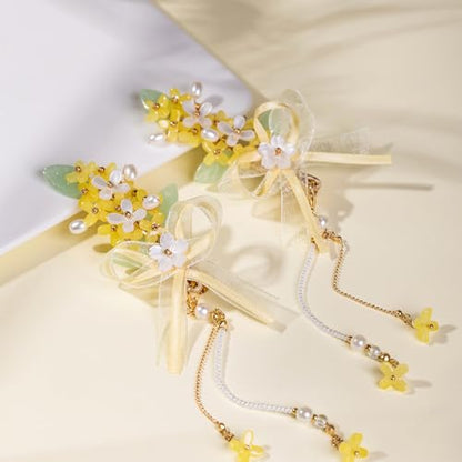 A Pair Wedding Hair Clips, Handmade Floral Design Crystal Hair Clips Pearl Barrettes, Rhinestones Flower Clips Pearl Headpieces Hair Pins Hair Accessories for Women Girls (Yellow&White) - color: Yellow&White