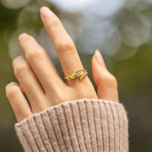 LOVECOM 14k Gold Plated Colorful Enamel Feather Rings for Women 925 Sterling Silver Adjustable Animal Feather Western Wrap Ring Cute Open Finger Thumb Ring Jewelry Birthday Gifts to Daughter