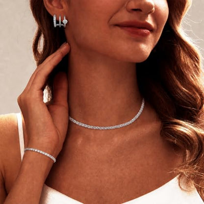 Luxval Tennis Necklace Set for Women Tennis Bracelets Diamond Earrings Sterling Silver Necklace Wedding Jewelry for Bride Silver Jewelry Sets for Women Gift - color: Silver-Illusion Stud Tennis Sets