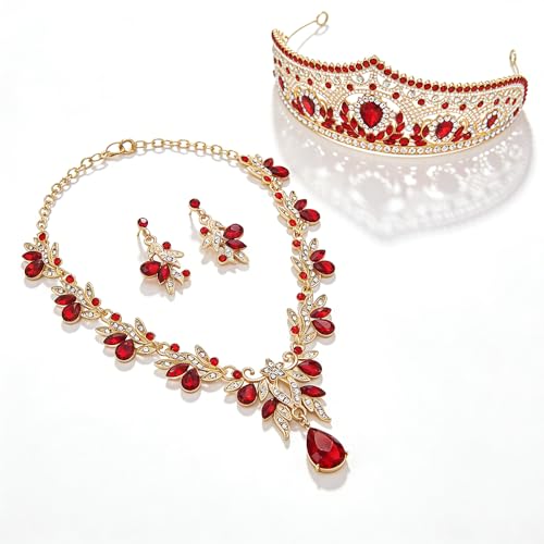 Princess Tiara Crown and Jewelry Sets for Women Wedding Rhinestone Crystal Tiaras and Crowns with Necklace Earrings Party Birthday Accessories - color: Gold Red
