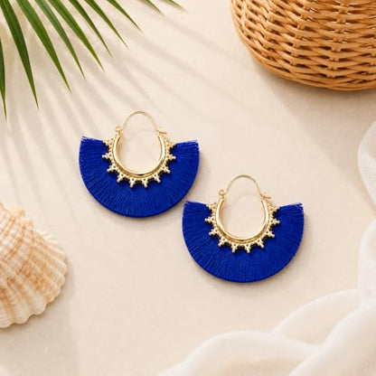 Tassel Hoop Earring Statement Thread Dangle Earrings Stylish Long Fringe Drop Earrings Lightweight Long Swingy French Hook Earrings for Women - color: B Sapphire Blue
