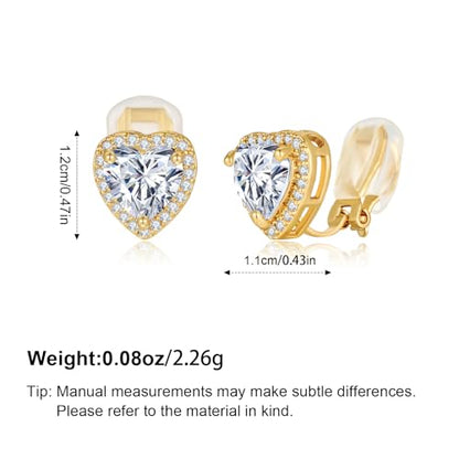 Clip On Earrings for Women Halo Clip-on Non-pierced Earrings Gold Plated Small CZ Studs Dainty Jewelry - color: Heart