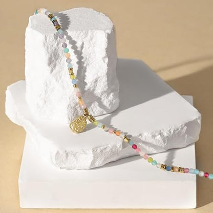 KissYan Beaded Choker Necklace for Women, Colorful Natural Gemstones Pearl Choker 14K Gold Plated Pendant Healing Crystal Necklace Handmade Stone Jewelry Gift | 14K Gold Plated Pendant Necklaces, Natural Gemstones Pearl Choker, Healing Crystal Chain, Hand