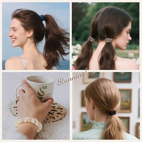 LULUSILK Small Silk Hair Ties No Damage, 100% Real Mulberry Silk, Skinny Scrunchies Ponytail Holders for Thin Fine Hair, Black Ivory and Brown, Pack of 3 - color: Black&Ivory&Brown