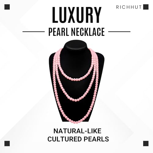 Women's Long Pearl Necklace - Natural Cultured Pearls - Luxurious 8mm Strand Pearls - 1920s Timeless Elegance - Great for Wives, Girlfriends, Sisters, and Besties - Length 60In/71In - color: Rosy Blush, size: 60In
