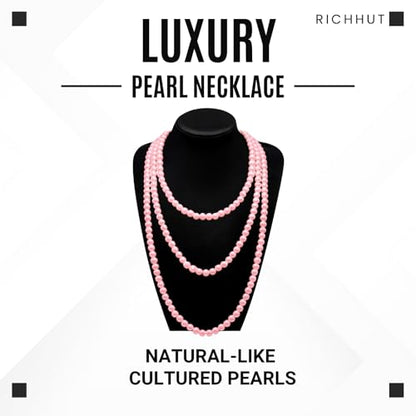 Women's Long Pearl Necklace - Natural Cultured Pearls - Luxurious 8mm Strand Pearls - 1920s Timeless Elegance - Great for Wives, Girlfriends, Sisters, and Besties - Length 60In/71In - color: Rosy Blush, size: 60In