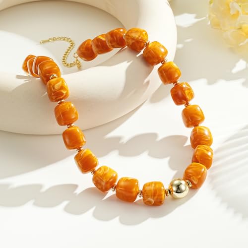 Ritach Chunky Beaded Necklaces for Women - Colorful Large Square Acrylic Beaded Necklace Boho Chunky Necklace Adjustable Statement Choker Necklace for Women Waterproof Summer Beach Jewelry Gifts - color: Yellow