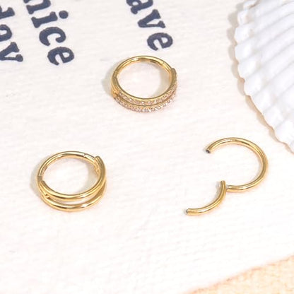 davka Nose Ring Set, 18G Hinged Hoop 8mm & 20G Nose Studs, Stainless Steel & Gold Plated, Hypoallergenic, Multiple Styles Nose Piercing Jewelry - color: Gold/3Pcs Hoops/18gauge 8mm/Set A