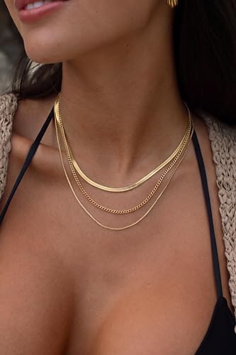 Tewiky Layered Necklaces for Women 14k Gold Plated Chain Necklace Set | Chunky Herringbone/Snake/Rope/Box/Cuban Link Chain for Women, Layering Stack Choker Necklace, Dainty Jewelry Set Non Tarnish - color: 3 Snake Cuban Box Gold