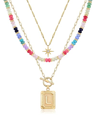 MJartoria Layered Initial Necklaces for Women | 14K Gold Plated Brass, Star Choker, Colorful Beaded, Square Letter Pendant, - color: Gold Plated, style: L