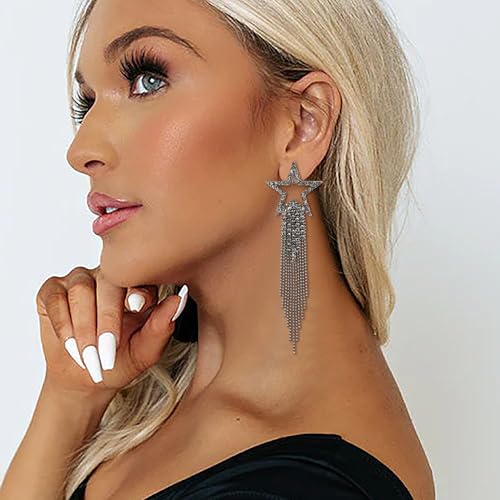 EVER FAITH Crystal Long Waterfall Star Tassel Clip-on Earrings for Women | Rhinestone Beaded Fringe Chandelier Dangle Statement Earring, Wedding Party Jewelry - color: Grey Black-Tone