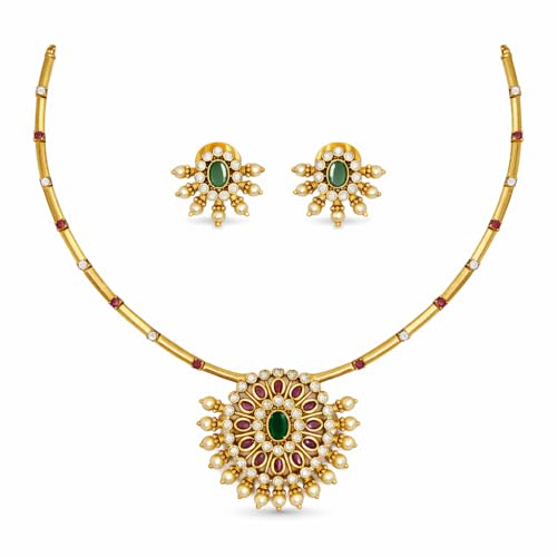 Antique Gold Plated Temple Jewellery Necklace Set with Earrings for Women, Traditional Indian Bridal Necklace Set, South Indian Choker Haram Style Jewellery Set, Ethnic Wedding Party Wear Necklace Set for Women - color: AD-Neck-174