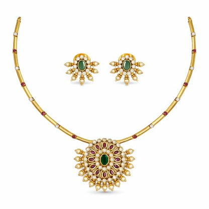 Antique Gold Plated Temple Jewellery Necklace Set with Earrings for Women, Traditional Indian Bridal Necklace Set, South Indian Choker Haram Style Jewellery Set, Ethnic Wedding Party Wear Necklace Set for Women - color: AD-Neck-174