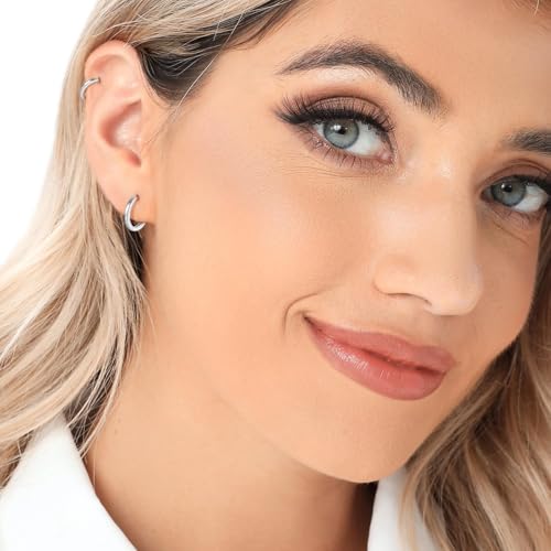 3 Pairs 925 Sterling Silver Small Huggie Hoop Earrings for Women Men | 14K White Gold Plated, Hypoallergenic, Small Silver Hoops - color: O-Silver 6/8/10mm