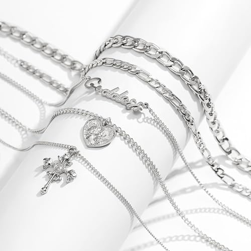 GYRMMUE 5 Pcs Chunky Gold Layered Necklaces Set for Women Heart Locket Coin Cross Pendant Necklaces Punk Hip Hop Charm Necklace Goddess Style Stacked Chain Necklace Christian Faith Jewelry - color: Silver