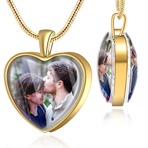 Farfume Personalized Photo Necklace for Women/Men, Memorial Jewelry Gifts | Holds 2 Pictures Pendant, Custom Engraved Text, Beautiful Locket for Girls, Durable Stainless Steel, Mothers Day Gifts - color: Heart Gold