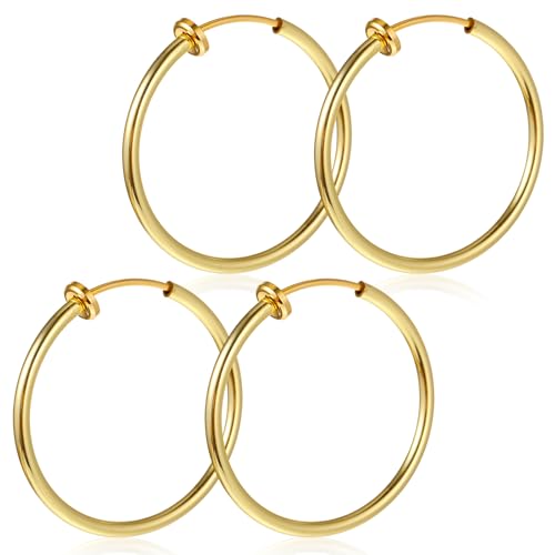 Gold Clip On Hoop Earrings for Women, Classic Chunky Hoops Gold-Tone Brass Spring Hoops for Non Pierced Minimalistic Clip Earrings - color: Gold