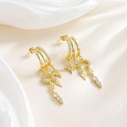 14K Gold Plated Dangle Earrings for Women, Dainty Hoop Huggie Studs, Long Hanging Tassel Chain Multi Pierced Ear Stacking Jewelry Gifts - color: Star Moon Dangle-Gold