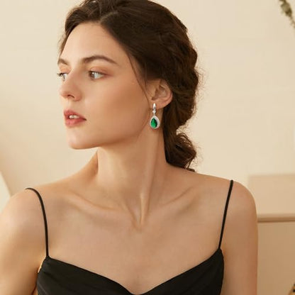 THUNARAZ Clip on Dangle Earrings for Women, Rhinestone Wedding Prom Jewelry | Clip Earrings Non-Pierced, Teardrop Dangle Earrings, Crystal Drop Earrings, Elegant Rhinestone Jewelry for Bride Bridesmaid - color: Silver Tone/Green Stone