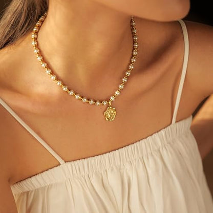 NUZON Sunburst Heart / 2-Tone Interlocking/CZ Evil Eye/Single Pearl/Love Heart Pendant Necklace for Women 14K Gold Chain Necklace Chunky Statement Jewelry - color: Pearl Beaded & Teardrop Pendant