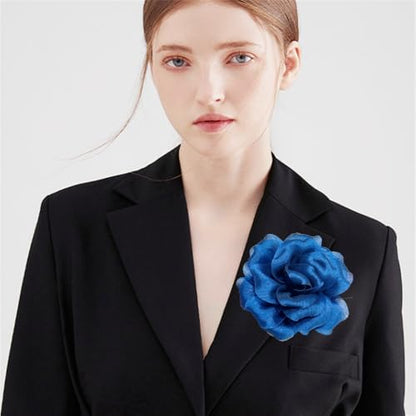 Flash Camellia Flower Brooch Pin for Women Men Elegant Texture Fabric Dahlia Rose Floral Brooches Lapel Pins Dainty Wedding Holiday Party Costume Dress Accessories Jewelry - color: Navy
