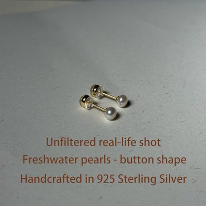 Pearl Earrings Studs,18K White Gold Plated Hypoallergenic Earrings with 925 Sterling Silver, AAAAA+ Handpicked Freshwater Cultured Pearl Stud Earrings for Women Present Wedding Holiday, Button Shape