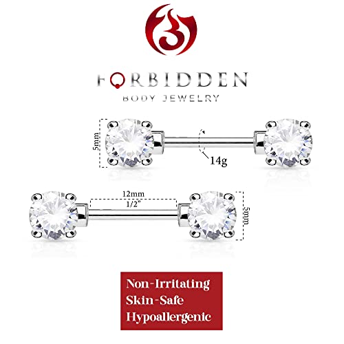 Forbidden Body Jewelry 14g 1/2 Inch (12mm) Surgical Steel & Gold Plated CZ Crystal Front Facing Gemmed Nipple Ring Barbell Set - style: Clear
