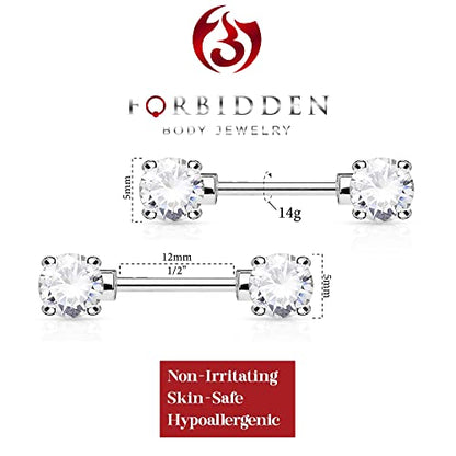 Forbidden Body Jewelry 14g 1/2 Inch (12mm) Surgical Steel & Gold Plated CZ Crystal Front Facing Gemmed Nipple Ring Barbell Set - style: Clear