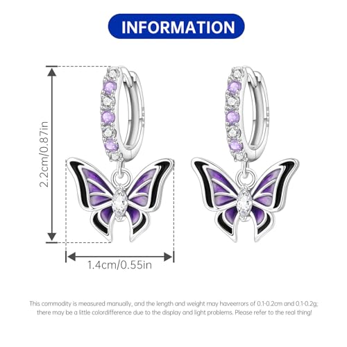 925 Sterling Silver Hoop Earrings Drop Dangle Earrings for Women Hypoallergenic Earring Trendy Huggie Earring Cute Graduation Birthday Gifts Jewelry for Women - color: Purple butterfly earrings