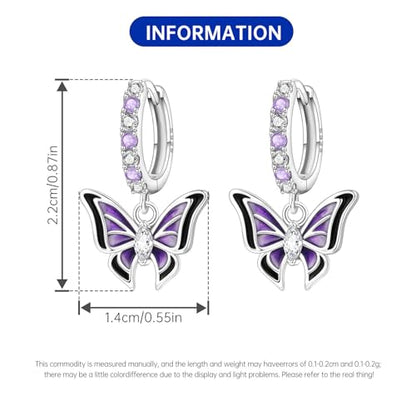 925 Sterling Silver Hoop Earrings Drop Dangle Earrings for Women Hypoallergenic Earring Trendy Huggie Earring Cute Graduation Birthday Gifts Jewelry for Women - color: Purple butterfly earrings