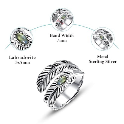 AVECON S925 Sterling Silver Turquoise/Labradorite/Just Breathe/Onyx Rings | Hypoallergenic Adjustable Open Feather Gift Women Men Thumb Spoon Statement Western Band Jewelry for Anniversary - color: Labradorite