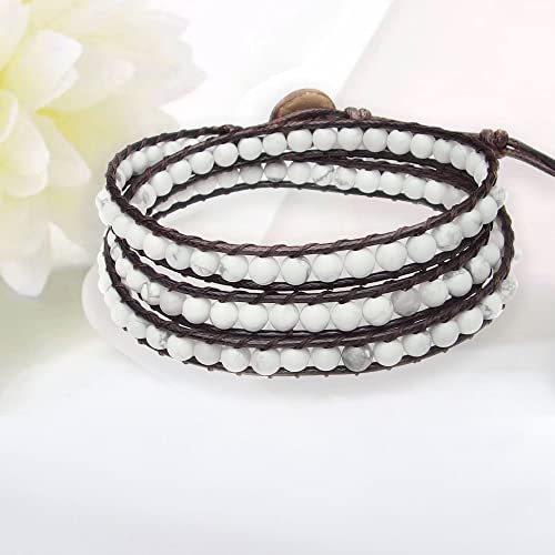 Genuine Stone Wrap Bracelets for Women Natural Crystal Beaded Wrap Bracelet 2/3/5 Adjustable Bohemian Bracelets Jewelry Gifts for Women Mom - color: white turquoise(3 wraps)