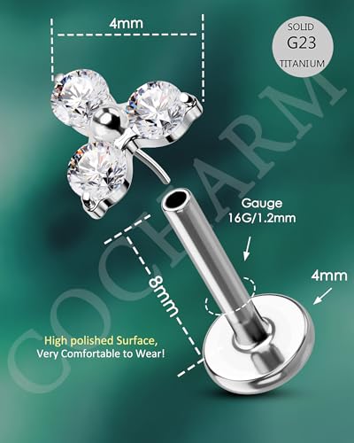 Cocharm G23 Titanium Helix Cartilage Piercing Jewelry 16g Threadless Tragus Earring Stud Flat Back Triangle Flower Push Pin Helix Jewelry Surgical Steel 6mm/8MM 16 Gauge Stud - style: Clear CZ-8mm