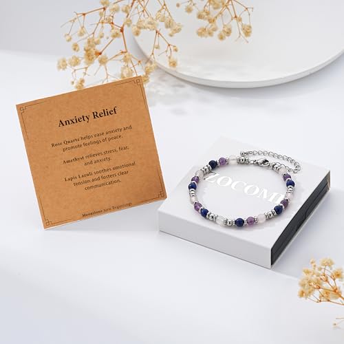 Zocomi Natural Healing Crystal Bracelet for Women, Anxiety Relief Triple Protection 7 Chakras Jewelry Gift for Friends Daughter Mom 6.5+2 Inches - color: Anxiety Relief