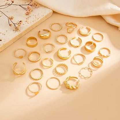 Gold Rings for Women Non Tarnish Stackable Rhinestone Moon Star Rings Dainty Stacking Pearl Butterfly Midi Pinky Thumb Joint Finger Knuckle Ring Set Gold Non Tarnish Jewelry Gifts Trendy Stuff - color: E Gold Stackable Rings 24Pcs