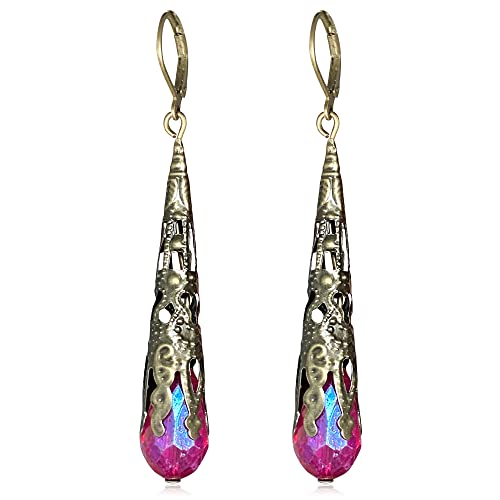 Indian Ethnic Vintage Gold Brone Sparkly Crystal Teardrop Dangle Drop Earrings Bohemian Gypsy Retro Rhinestone Hook Earrings for Women Love Statement Jewelry Gift - color: Rose Red