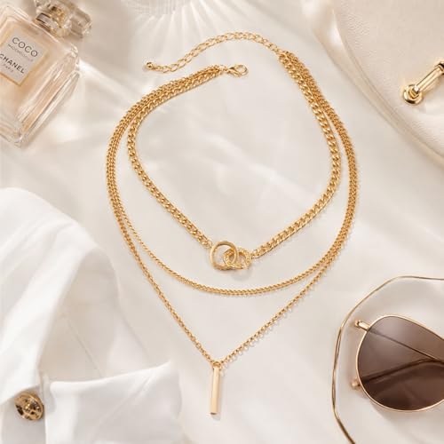 Layered Gold Necklace for Women Rhinestone Circle Pendant Necklace Triple Layer Chain Necklace Cuban Chain Bar Charm Jewelry for Work Date Gift