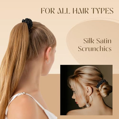 8 PCS Silk Satin Hair Ties Hair Scrunchies for Women Premium Black | Artisan Crafted / Stretched 10" Length / Gift Box / Silky Weave / Soft Touch Daily Use - color: Black