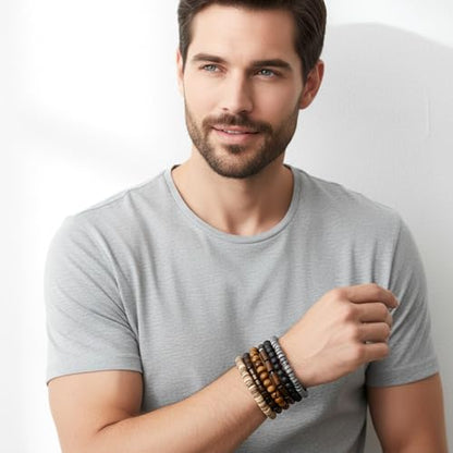 Wooden Mens Beaded Bracelets Adjustable Elasticity Mens Bracelet Multi-Layer Detachable Beaded Bracelets for Men - color: T-001