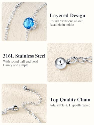 U7 Silver Ankle Bracelet for Women, Waterproof Layered Ankle Round Gem Birthstone Anklets, Summer Beach Foot Jewelry, Adjustable 8.5"-10.5" - color: 12.December-Blue Topaz