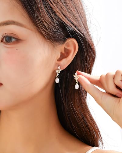 Pearl Earrings for Women, 14k Gold Plated Trendy Diamond Pearl Drop Earrings Bridal Shower Gifts Wedding jewelry for Women - color: Style B Gold