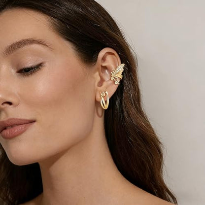 Bemoly Ear Cuff Earrings for Women 14K Gold Plated Cubic Zirconia Dangle Huggie Ear Cuffs Non Piercing | Clip On Cartilage - style: Butterfly