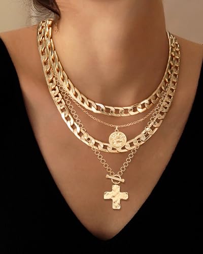 MJartoria Layered Necklaces for Women Trendy Retro Coin and Cross Pendant Necklace Dainty Chunky Chain Necklaces for Jewelry Birthday Gifts - color: Gold