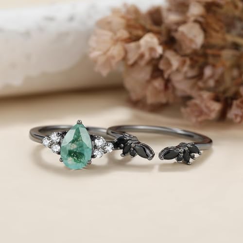 Moss Agate Bridal Wedding Rings Set for Women 925 Sterling Silver | Plated Platinum/Black Gold, Gothic, Vintage, Engagement Promise Ring, Anniversary Valentine Day Birthday Gift for Her - style: Black Gold Plating Open Ring