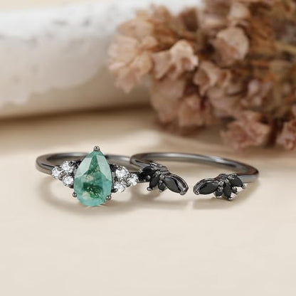 Moss Agate Bridal Wedding Rings Set for Women 925 Sterling Silver | Plated Platinum/Black Gold, Gothic, Vintage, Engagement Promise Ring, Anniversary Valentine Day Birthday Gift for Her - style: Black Gold Plating Open Ring