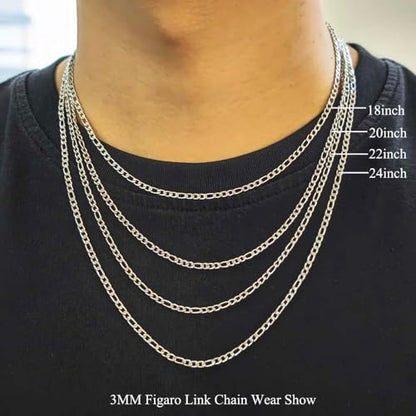 Stainless Steel Figaro Link Chain Necklace For Men Women, 3mm 4mm 5mm 7mm Width, 18k Gold Plated 18 20 22 24 Inch Figaro Chain, No Tarnish Durable Waterproof Jewelry - color: 3MM Silver, size: 24inches