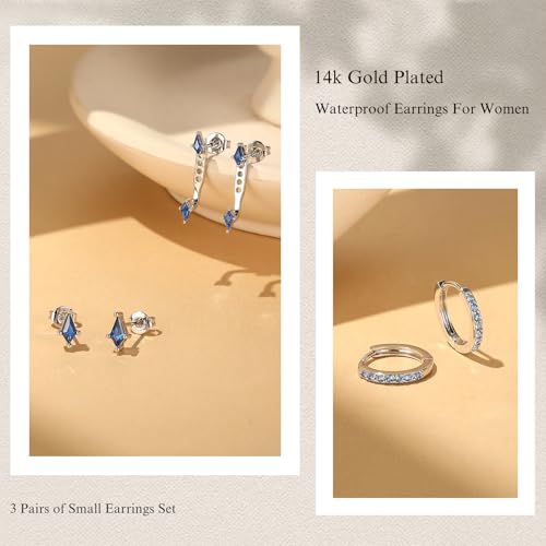 3 Pairs Stackable Kite Stud Earrings Set for Women Trendy | Dainty Birthstone Stud Gold & 925 Sterling Silver Huggie Hoop Jacket Stack Earrings for Women 2026 - color: Silver-Blue Sapphire