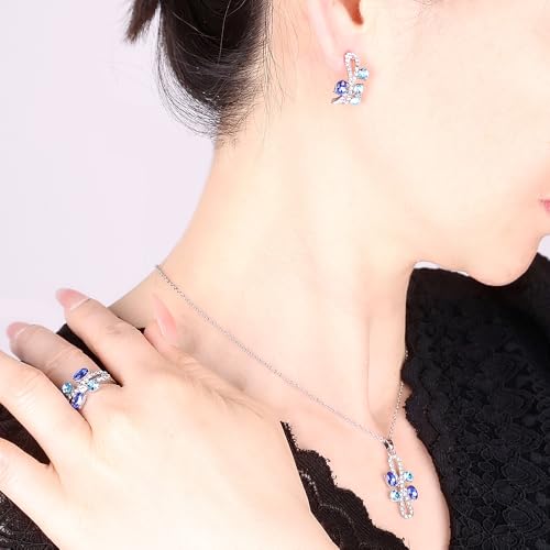 Elegant Jewelry Set Necklace for Women，Adjustable Dainty Cubic Zirconia Trendy Choker Pendant Necklace+Earrings+Ring, Mother's Day Valentine's Day Gifts Pendant Set for Women 3PCS - color: Blue silver