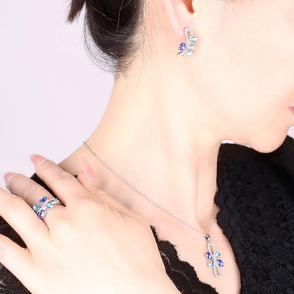 Elegant Jewelry Set Necklace for Women，Adjustable Dainty Cubic Zirconia Trendy Choker Pendant Necklace+Earrings+Ring, Mother's Day Valentine's Day Gifts Pendant Set for Women 3PCS - color: Blue silver