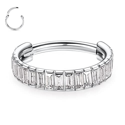 FUNLMO 316L Surgical Steel Hinged Segment Ring Conch Helix Septum Piercing Jewelry Nose Ring Hoop Cartilage Huggie Earring Baguette Gems Thick Hoop Earring - color: Silver